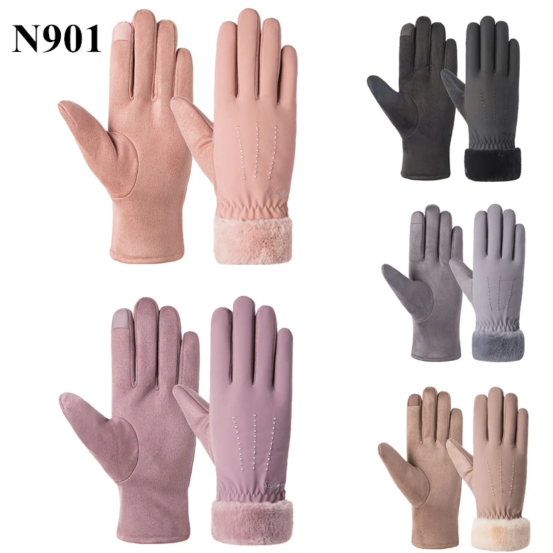 Кружевные перчатки для сенсорного экрана, одноцветные варежки на полный палец с ворсом, утепленные ветрозащитные теплые зимние теплые перчатки унисекс