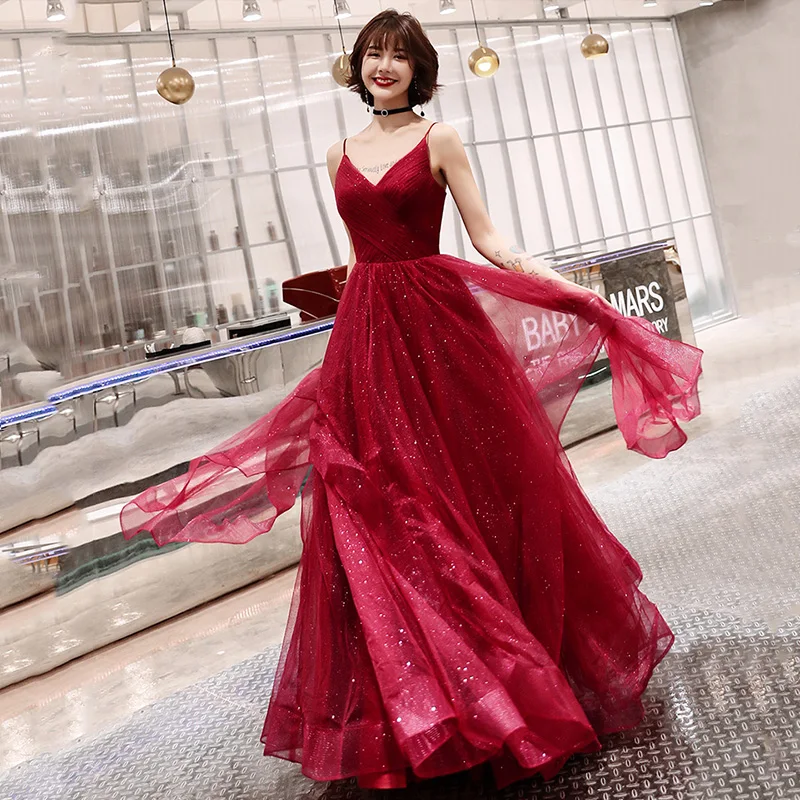 

A-Line Evening Dresses K382 V-Neck Sleeveless Formal Party Gowns Spaghetti Strap Women Vestido Giltter Elegant Robe De Soiree