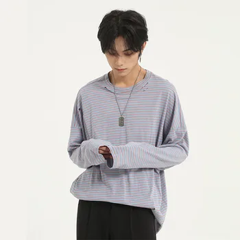 

Men Vintage Fashion Casual Loose Hole Long Sleeve Stripe T-shirt Male Unisex Streetwear Hip Hop Tees Shirts