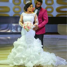2021 elegante Spitze Lange Ärmel Meerjungfrau Afrikanische Hochzeit Kleid mit Rüschen Zug Südafrika Plus Größe Nigeria Hochzeit Kleider