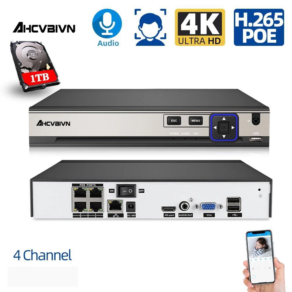 Камера NVR 4 канала 4K PoE IP камера наружная видеонаблюдения система освещения USB