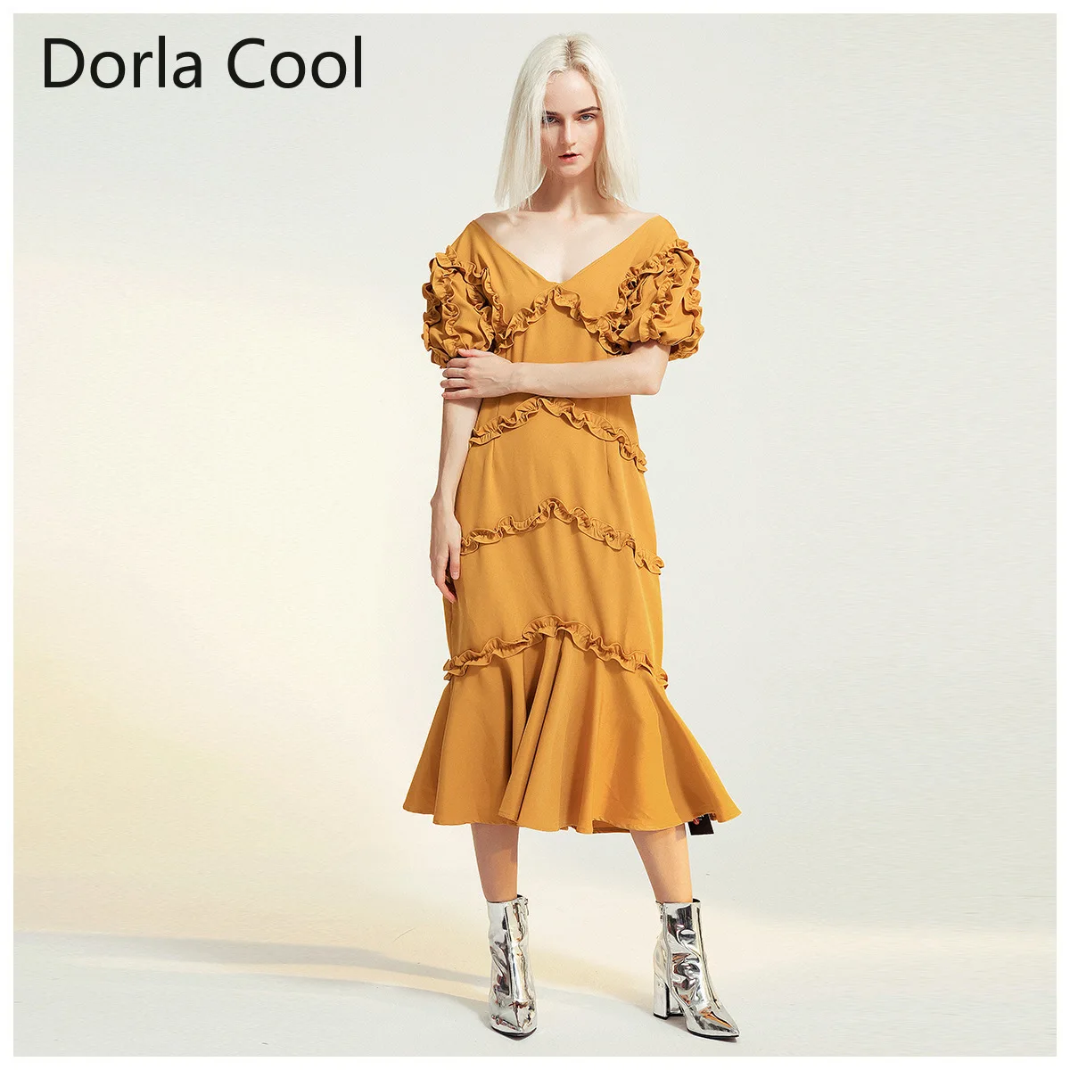 High End Women Long Dress Sexy V-neck Ruffles Patchwork Mermaid Style Dresses Designer Lady's Party Elegant Split Vestidos | Женская