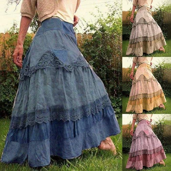 

Big Hem Printed Cake Linen Long Skirts Women Plus Size 5XL Summer Autumn Patchwork High Waist Maxi Skirt Sweet Ladies Bottoms