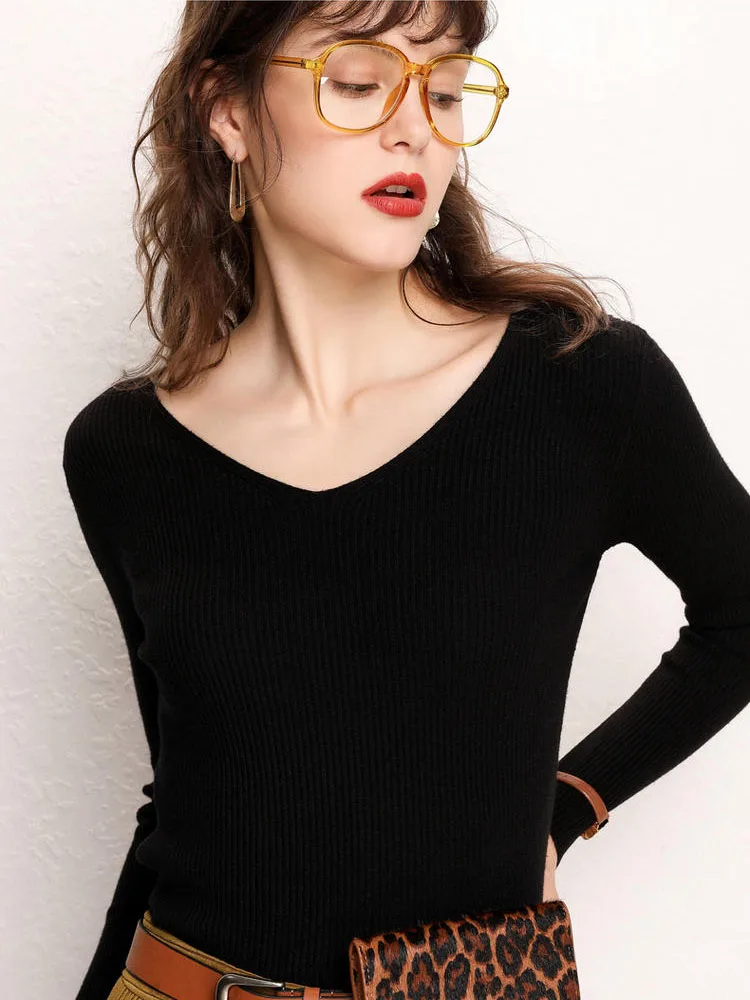 Женский кашемировый джемпер GCAROL, стрейчевый свитер с V-образным вырезом, вязаный пуловер с содержанием шерсти 30% размера 2XL для офиса, трикотажный джемпер для осени и зимы - Цвет: Black