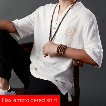 

Summer Chinese style men's cotton and linen short-sleeved T-shirt buckle embroidery Chinese costume Hanfu loose fat short sleeve