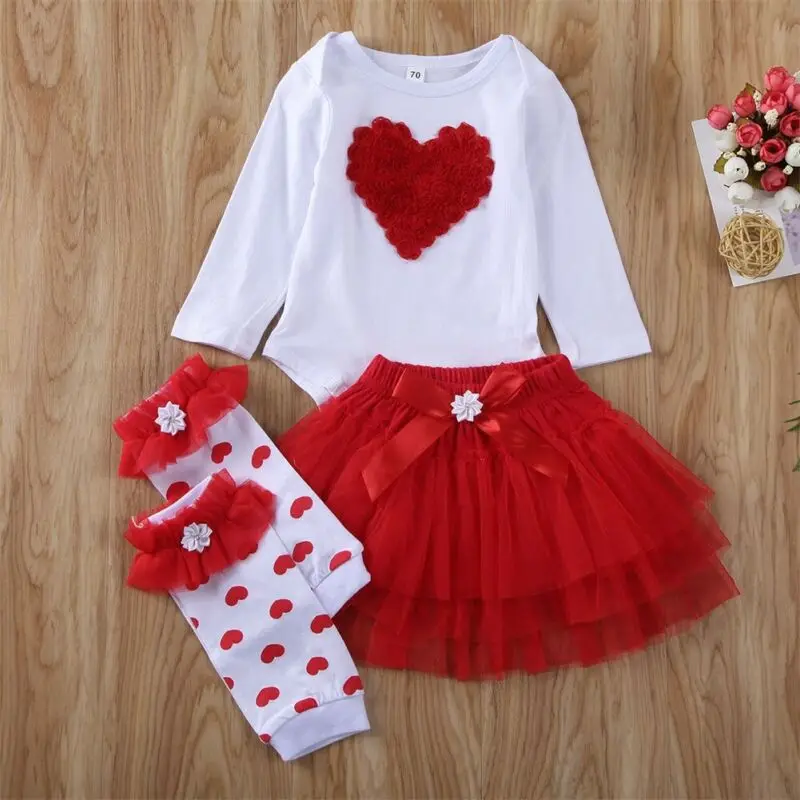 3PCS My First Valentines Day Newborn Baby Girl Outfits Clothes Romper Bodysuit Top Tutu Skirts Dress Bowknot Leg Warm Vestidos