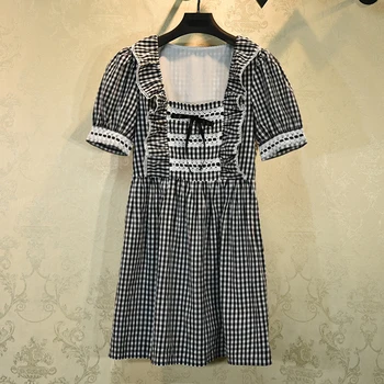 

HIGH STREET New Fashion 2020 Summer Designer Runway Dress Women's Square Collar Bow Ruffles Lace puff sleeve Plaid MIni Dress