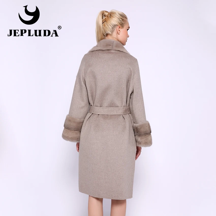 JEPLUDA Высокое содержание шерсти пальто женское кашемир с мехом большого воротник и манжет норковый роскошный пальто женские кашемировое с натурального меха норки куртка женская кашемировая с мехом натуральным