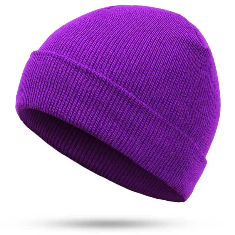Одноцветная акриловая шерстяная шапка для мужчин и женщин, Европейская и американская осенняя и зимняя вязаная черно-белая шапка - Цвет: Фиолетовый