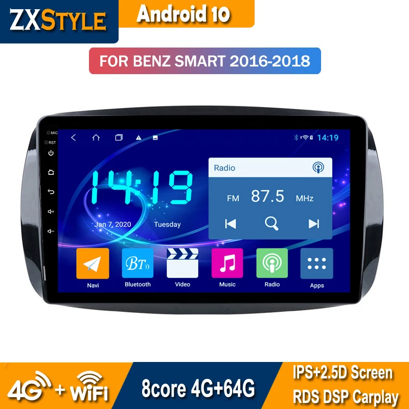 Автомобильный DVD-плеер 4 Гб + 64 ГБ Android 10 GPS-навигация Мультимедиа для Mercedes Benz Smart ForTwo