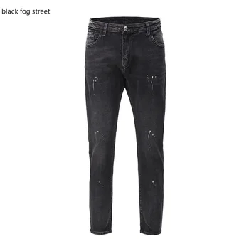 

black fog street k81# graffiti stretch cotton denim biker jeans Slim fit pleated pants for motorcycle distressed Men's jeans