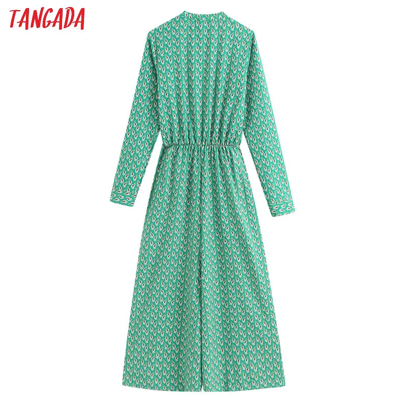 Tangada 2020 Fashion Women floral print green jumpsuit bow waist long sleeve strethy waist vintage female casual jumpsuit BE320