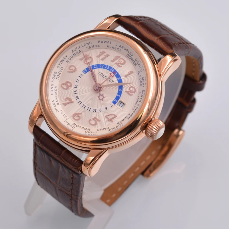 

43MM Corgeut Genuine Leather Stainless Steel Band Date Automatic Mens Watch..