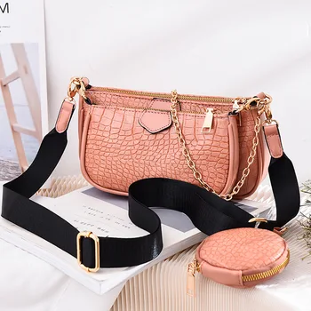 

2020 luxury designer Crocodile women shoulder bag wide strap Crossbody bag chain Sling bag pu leather ladies 3 bag set-wallet