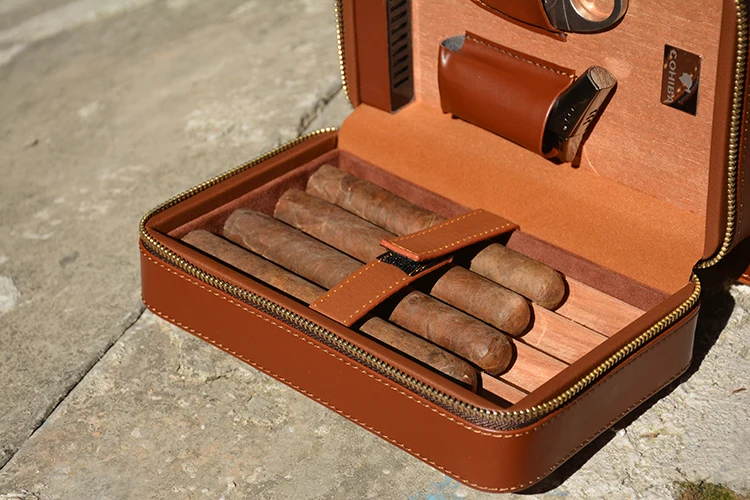 COHIBA кожа кедр выстроились путешествия портсигар чехол Humidor с резак зажигалка набор с увлажнителем для 4 сигар