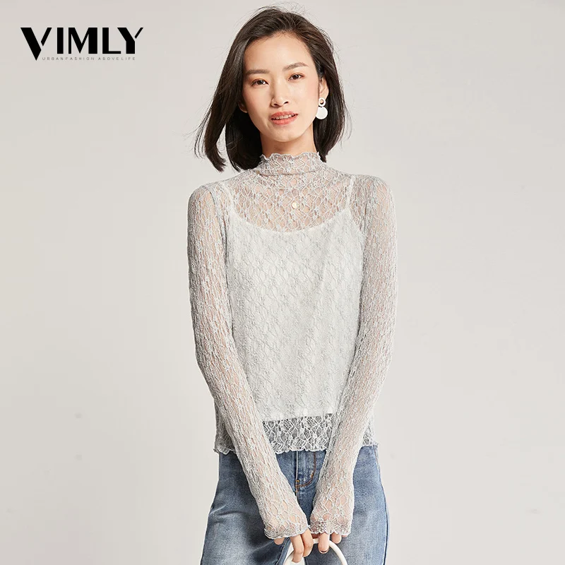  Vimly Women Sweet Lace Transparent Blouse Female Hollow Out Stylish Shirts Blusas Solid Sexy Ladies