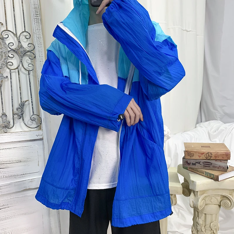 

Summer Thin Track Jacket Men's Fashion Contrast Color Casual Hooded Jackets Mens Streetwear Loose Hip Hop Bomber Jacket Men