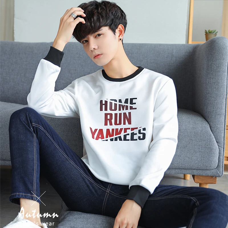 

Letter Print O neck Oversized 2019 Autumn Winter men T shirt long Sleeve plus size 3xl Korean style minimalist student clothes