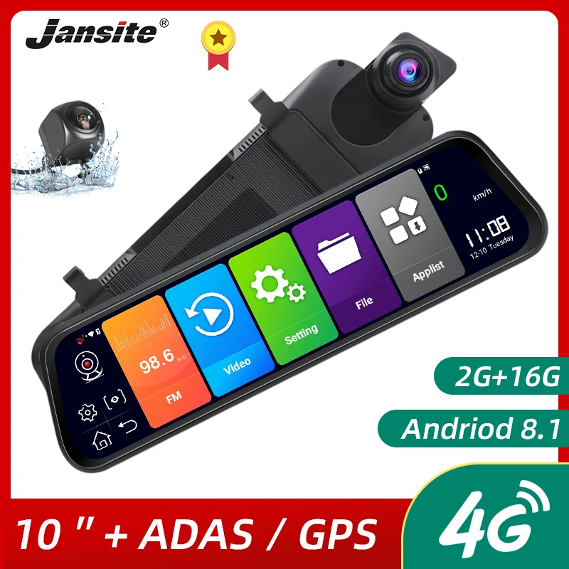 

Jansite 10" DVR Rear View Camera Car Dash cam 4G Touch Screen Android 8.1 GPS Navigation Recorders Rearview mirror Backup camera