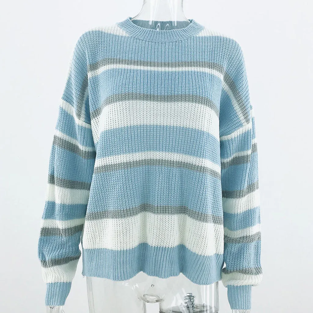 Light blue Зимний женский пуловер вязаный лоскутный полосатый свитер с длинными рукавами и круглым вырезом топы свитера женский тонкий вязаный - Цвет: Light blue
