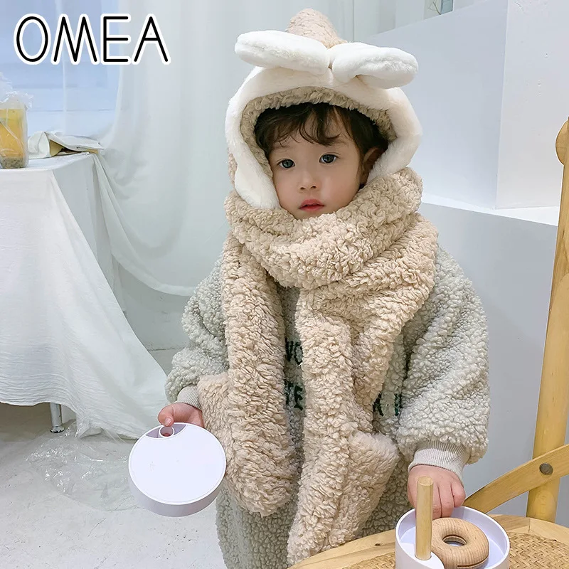 OMEA/комплект из шапки и шарфа для родителей и детей; женские перчатки из овечьей шерсти для девочек; Детский комплект из шапки и шарфа с кроликом; милые зимние аксессуары для мальчиков