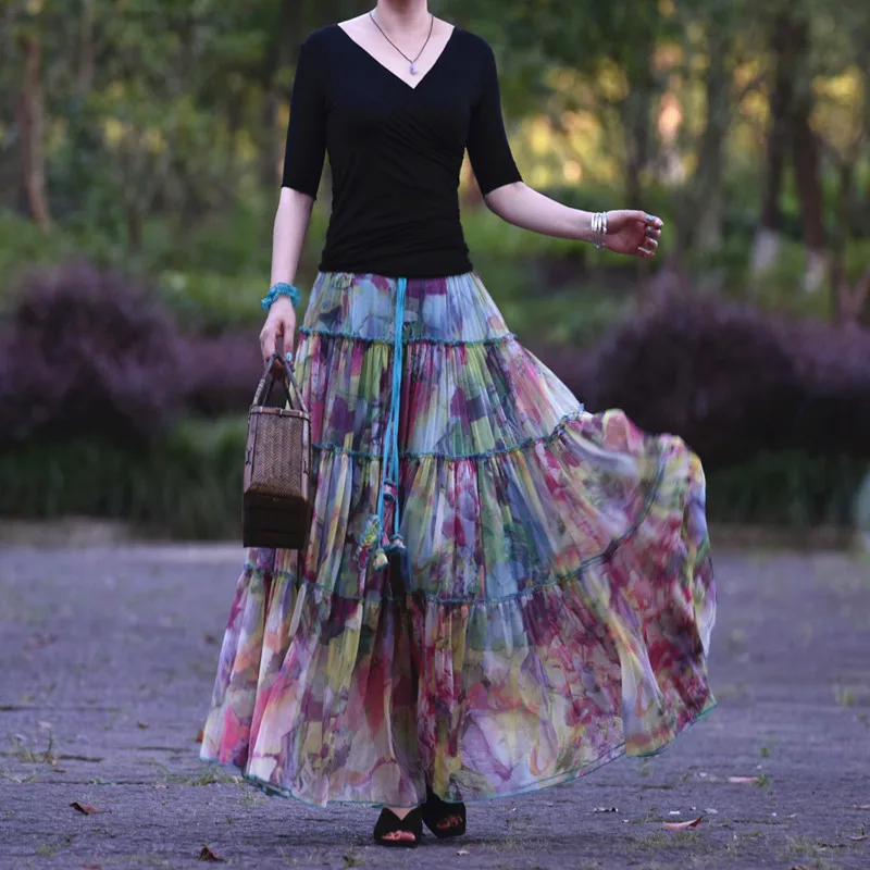 Free Shipping 2023 Fashion Long Chiffon Skirt Floral Printed Maxi Boho Skirts For Women Plus Size Bohemian Skirts S-2XL Summer wolf 3d printed bathroom pedestal rug lid toilet cover bath mat set drop shipping