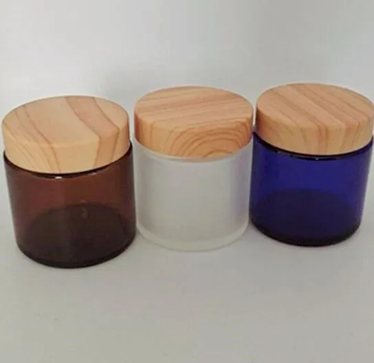 5pcs 100g Clear/Blue/Frosted/Amber Glass Jars Containers Cosmetic Cream Lotion Powder Bottles Pots Travel Container Bamboo Cover