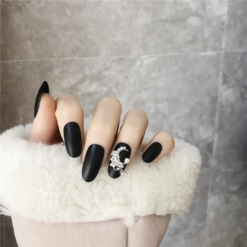 

Black pure color with sliver moon 3d decorated fake nails Japanese lady full nail tips cute false nails french 24pcs