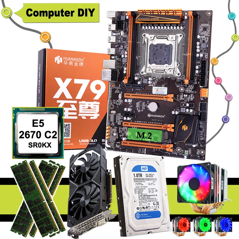 ^Cheap HUANANZHI deluxe X79 motherboard CPU E5 2670 C2 with 6 heatpipes cooler RAM 16G DDR3 RECC 1TB SATA HDD GTX1050Ti 4G video card