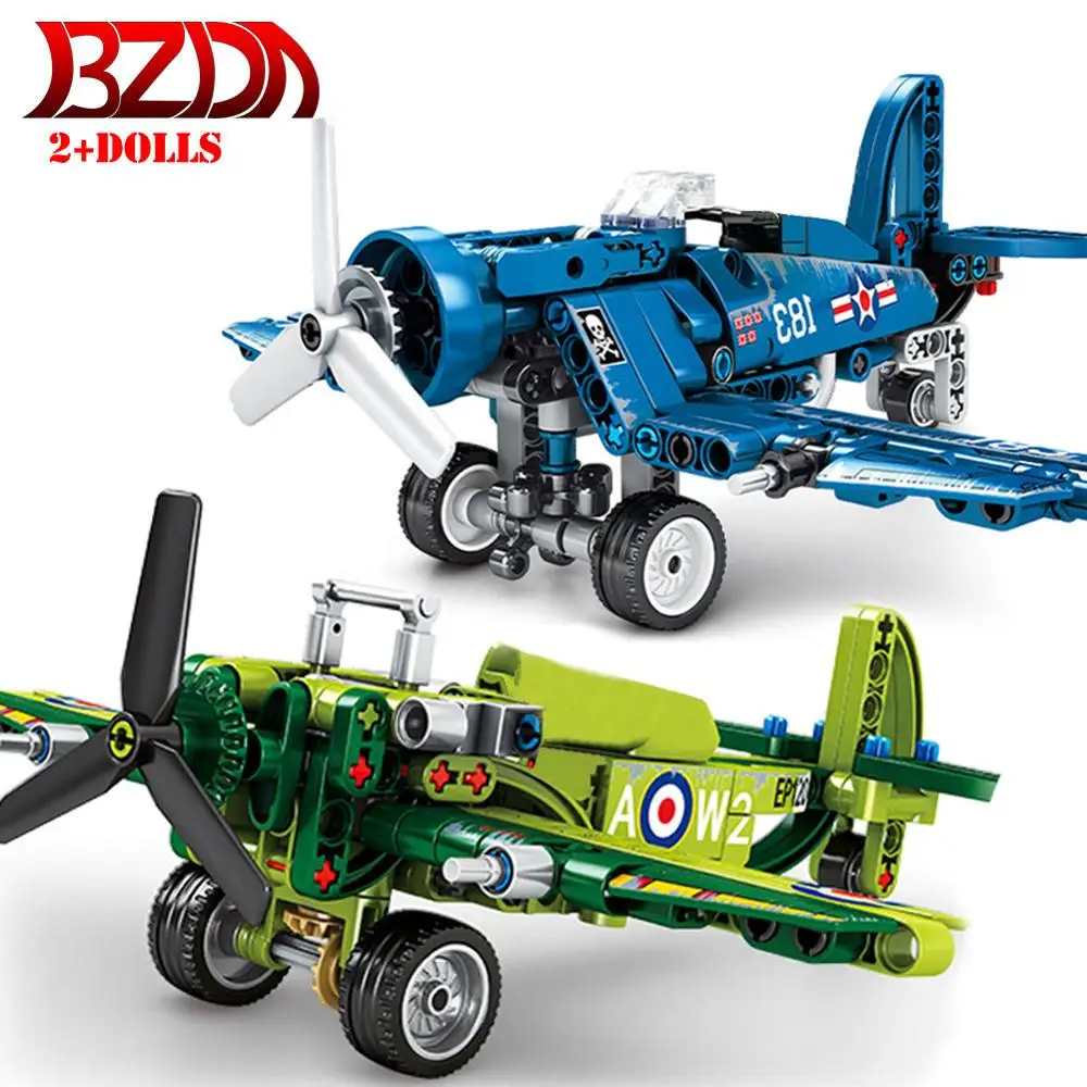 BZDA Technic механические WW2 военные строительные блоки Spitfire Fighter American F4U Bricks детские