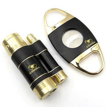 

Cohiba 50th Anniversary Refillable Cigarette Lighter 3 Torch Jet Flame Cigar Lighters With Punch Cutter Set