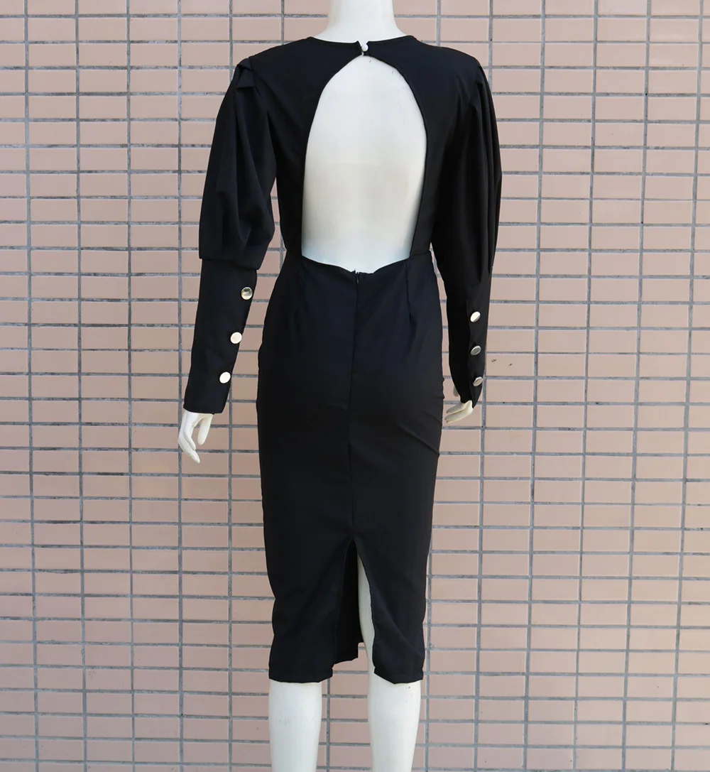 Amikafashion Summer Party Sexy Bodycon Dress Women Black Long Sleeve Open Back Dress O-Neck Button Decoration Vestidos New