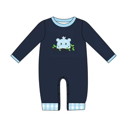 Vêtements d'été pour garçon, encolure bleue, bleu marine, manches longues, motif brodé Hippo, barboteuse pour tout petit 