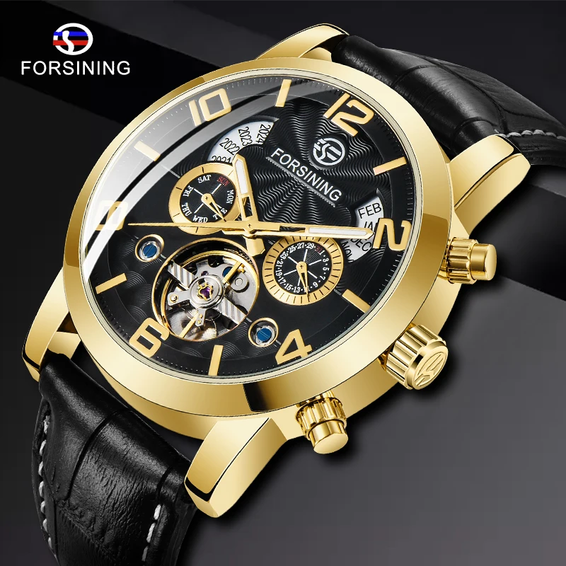 

FORSINING Top Brand Luxury Tourbillon Mechanical Watch Men Leather Strap Skeleton Dial 2 Sub-dials Calendar Dress Wrist Watches