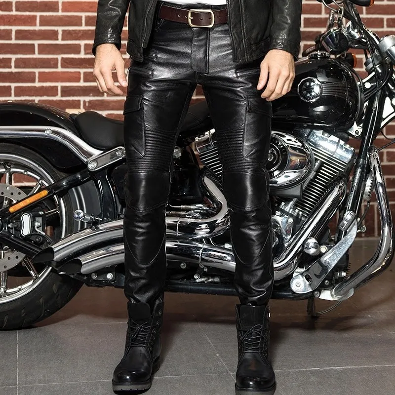 Зимние Роскошные Мужские штаны из натуральной кожи обтягивающие мотоциклетные штаны из воловьей кожи теплые ветрозащитные длинные брюки для стройных мужчин брюки