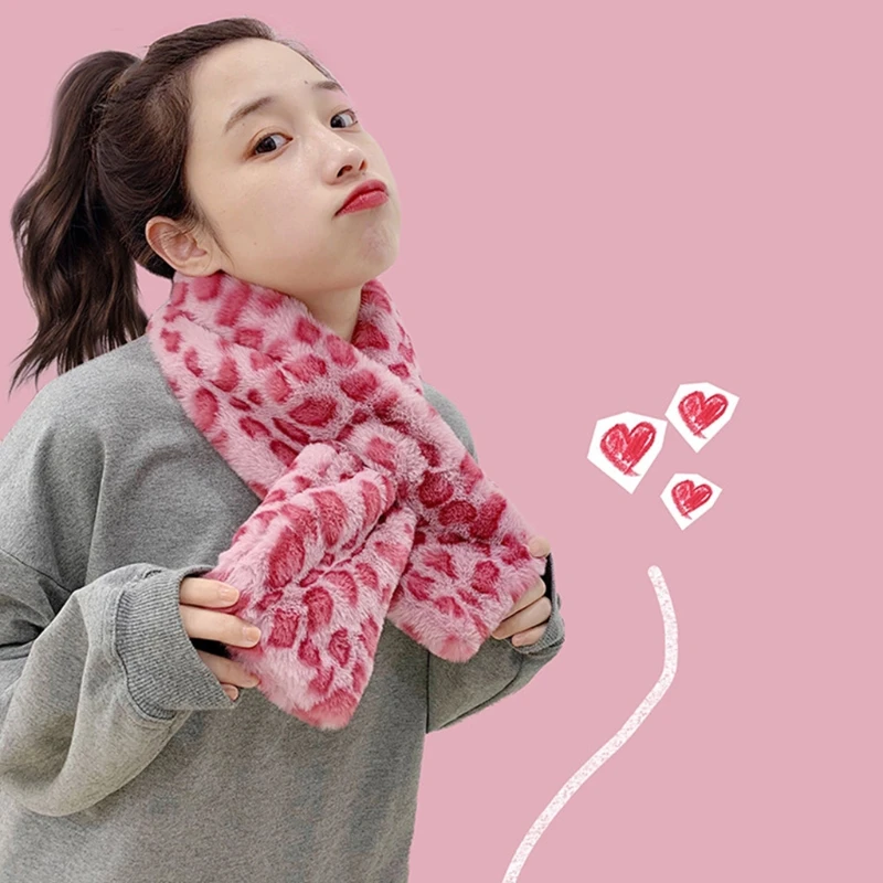Women Pink Leopard Print Cross Loophole Collar Scarf Harajuku Winter Furry Plush Neckerchief Thermal Neck Warmer Wrap