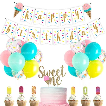 

49pcs Happy Birthday Summer Ice Cream Theme Birthday Party Decoration Glitter Banner Party Decoration
