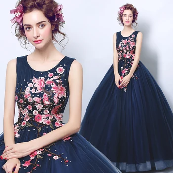 

Navy Blue Evening Dresses Ball Gown O-neck 3D Flowers Beading Long Party Dresses Evening Gowns Vestido De Festa JK36