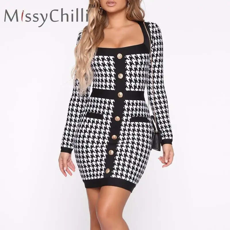 MissyChilli клетчатое облегающее черное офисное платье в мелкую клетку женское
