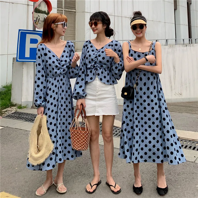 

Photo Shoot 2019 WOMEN'S Dress Spring Summer Loose Chiffon Shirt Polka Dot V-neck Dress Strapped Dress Long Skirts Best Friend-