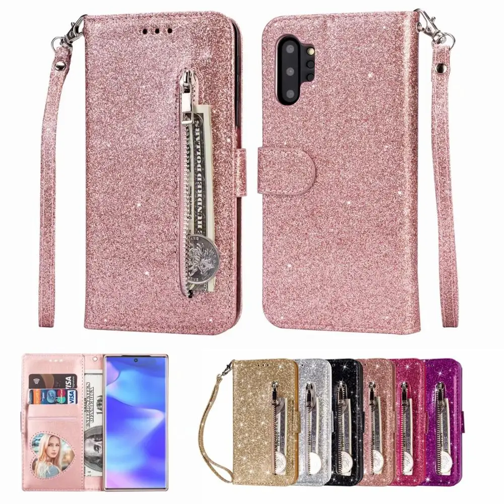 

Shiny Case On For Samsung Galaxy Note 10 Plus With Sparkles Luxury Glitter Zipper Wallet PU Leather Multi Card Holder Coque Capa