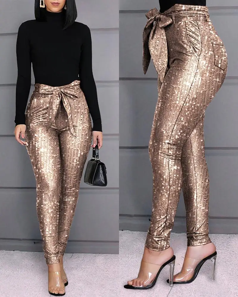 Женские узкие брюки с блестками, с поясом, с бантом, с высокой талией, с карманами, дизайнерские узкие брюки, вечерние, клубная одежда - Цвет: Champagne