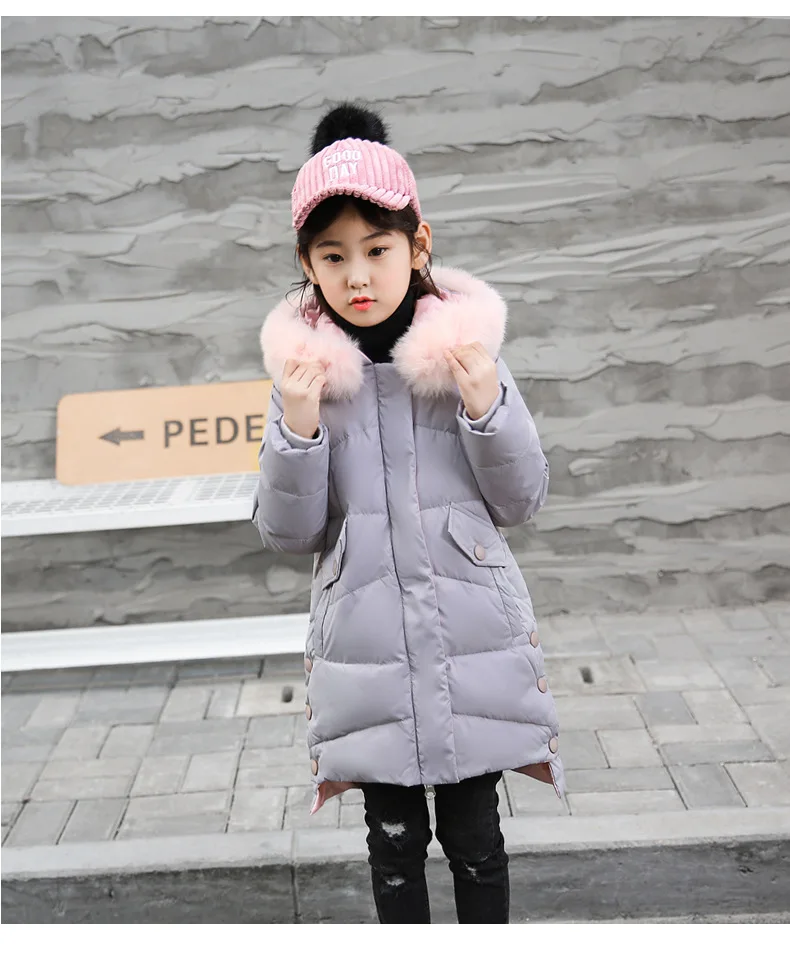 Модная детская куртка на утином пуху теплая для холодной зимы длинная толстая зимняя куртка с меховым воротником Детское пальто для девочек верхняя одежда