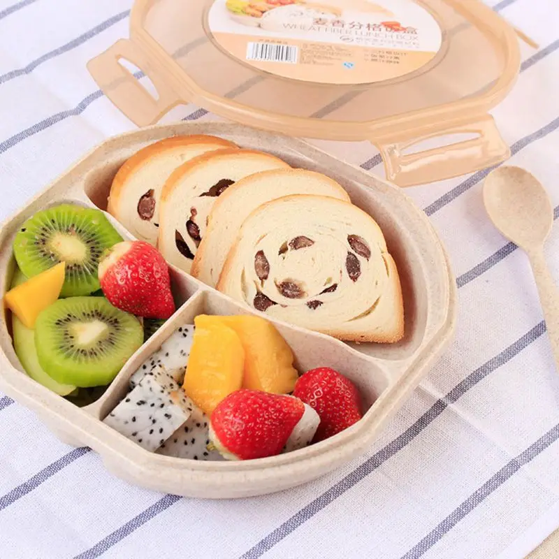 Круглая пшеничная соломенная Ланч-бокс с ложкой Bento box креативная квадратная посуда