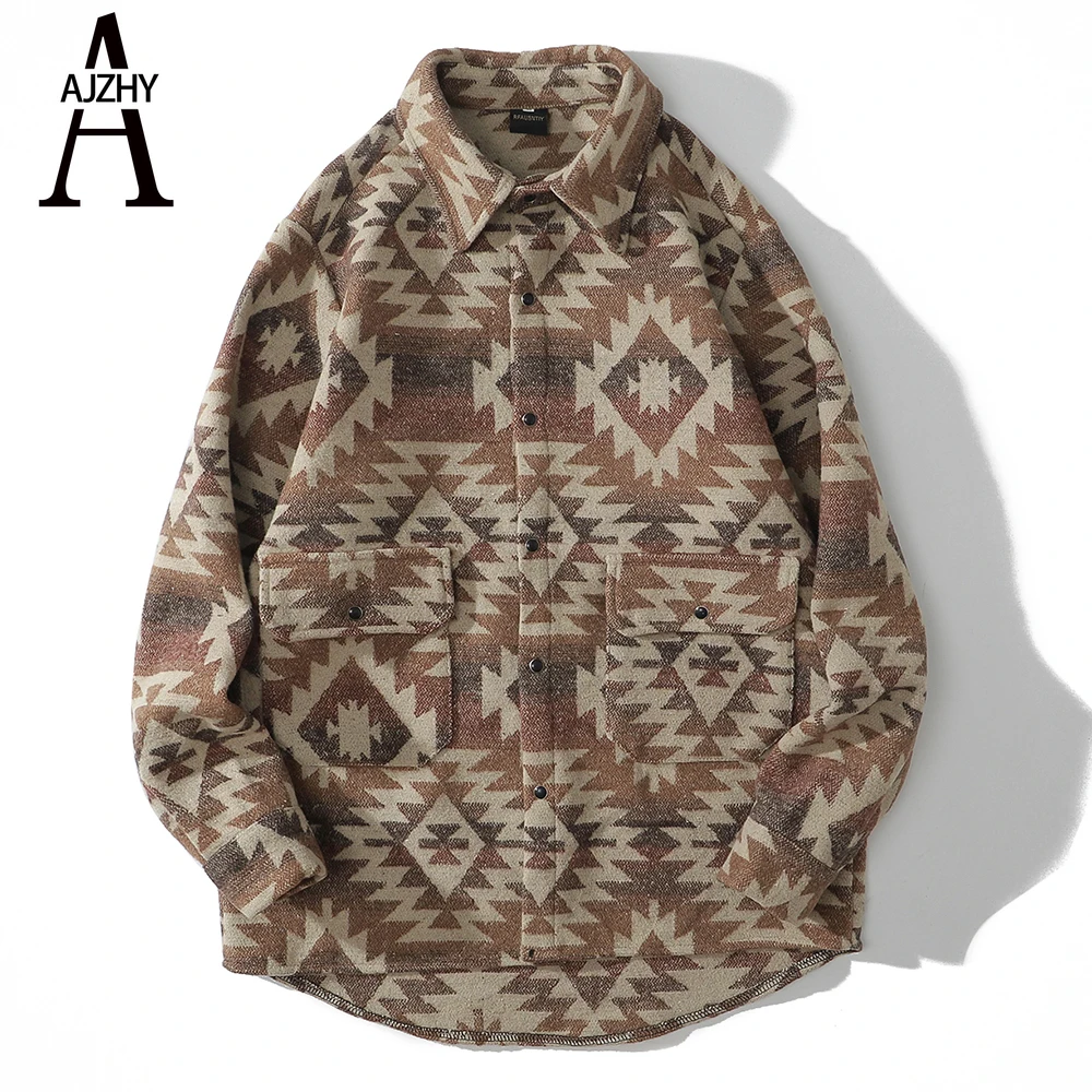 

AJZHY Casual Shirt Jackets Thick Winter Geometric Pattern Long Sleeve Flannel Shirt Hip Hop Streetwear Harajuku Pockets Shirts