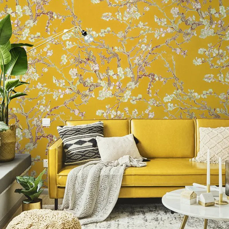 Background Wallpaper for Bedroom, Van Gogh, Pastoral, apricot, Flower, Blue, Oil Painting, Living Room, Home