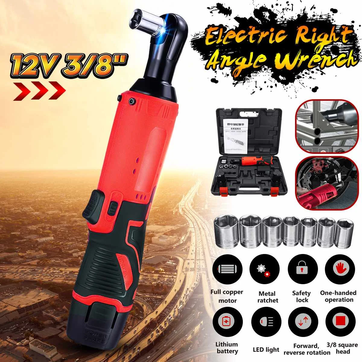 Charger US Battery 3//8/'/' 90° Cordless Electric Ratchet Wrench Power Tool Set
