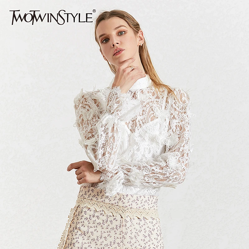 

TWOTWINSTYLE Butterfly Patchwork Shirt For Women Stand Collar Lantern Sleeve Perspective Mesh Blouse Female 2019 Fashion New