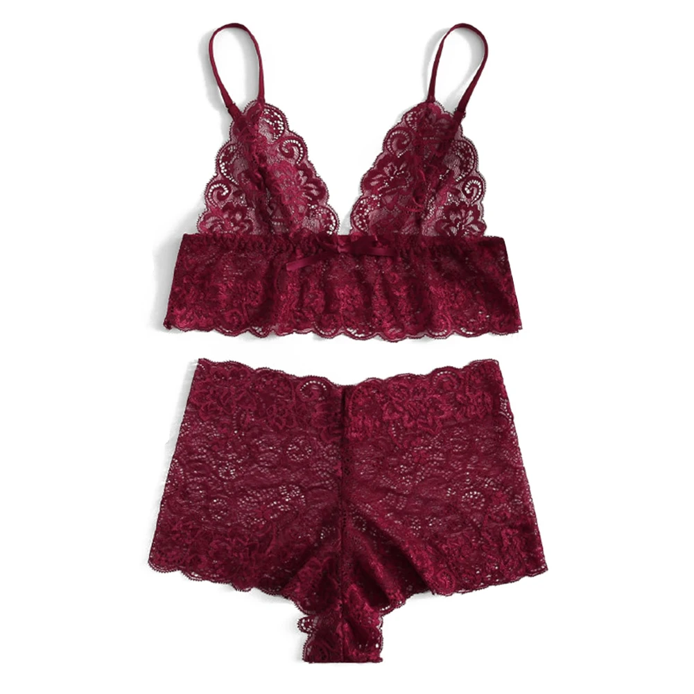 Women Charming Ladies Wirefree Ultrathin Sexy Underwear Set Lengthened Lace Floral Briefs Soft Bra Hollowed Out Shorts |