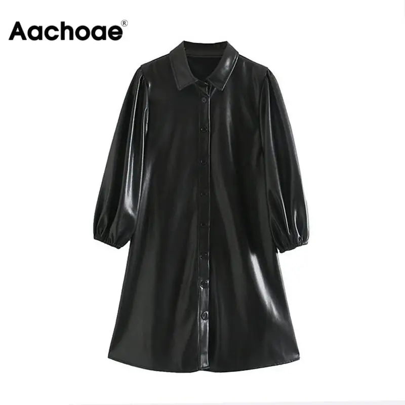 Aachoae Women Black Color PU Leather Mini Dress Lantern Long Sleeve Streetwear Female Dresses A Line Turn Down Collar Sundresses Aachoae Women Black Color PU Leather Mini Dress Lantern Long Sleeve Streetwear Female Dresses A Line Turn Down Collar Sundresses